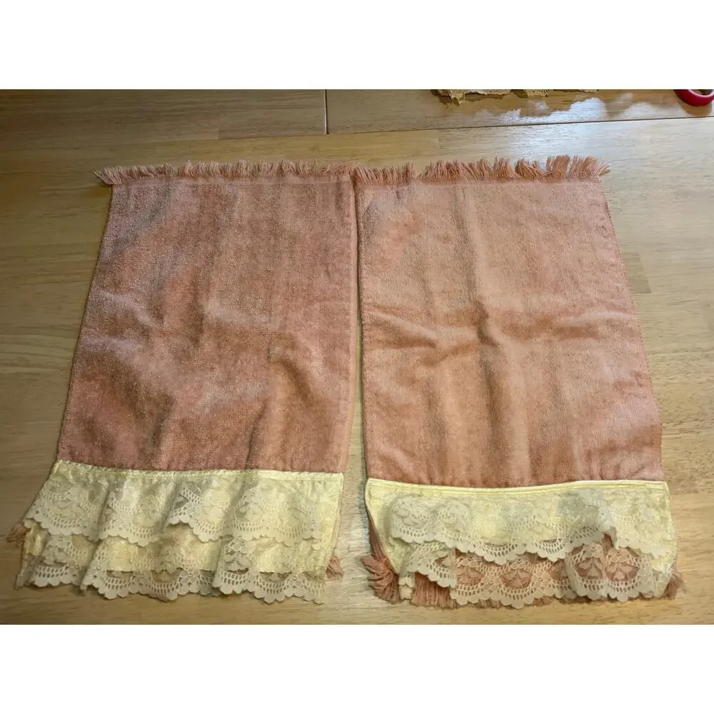 Vintage Dusty Pink Ruffled Lace Towel Set 8 Pc Bath Hand Washcloth Avanti